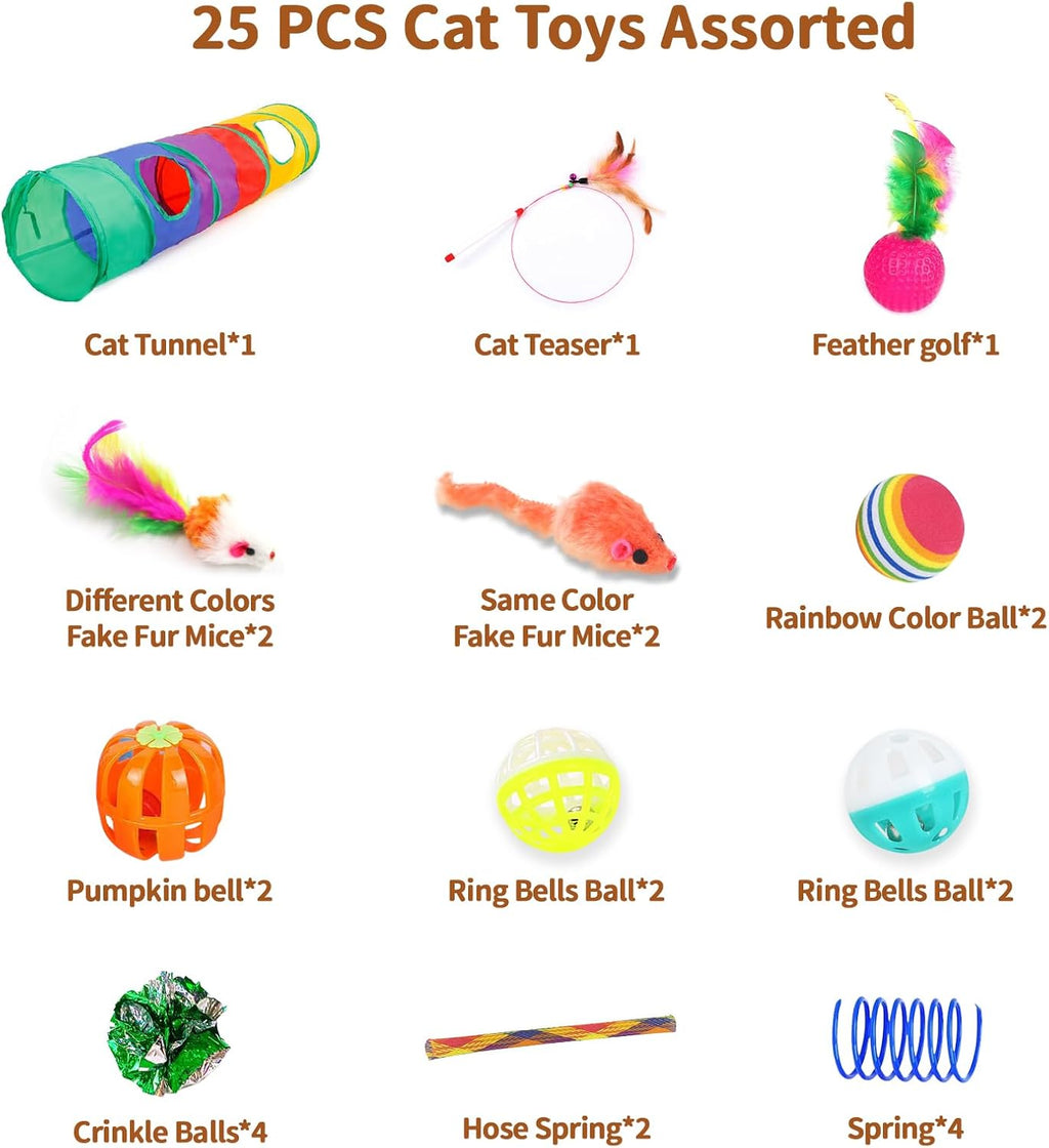 25 Pcs Cat Toys for Cats, Indoor Kittens - Interactive Variety Pack, 45 Inches Rainbow Cat Tunnel, Feather Teaser, Feather Golf, Mice, Springs, Balls, Noise Toys - Rainbow/Colorful 45"